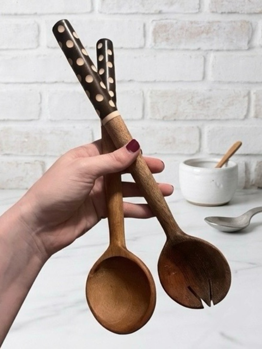 Polka Dot Handle Wooden Salad Serving Spoon and Fork Set - Brown - Picture 5 of 7